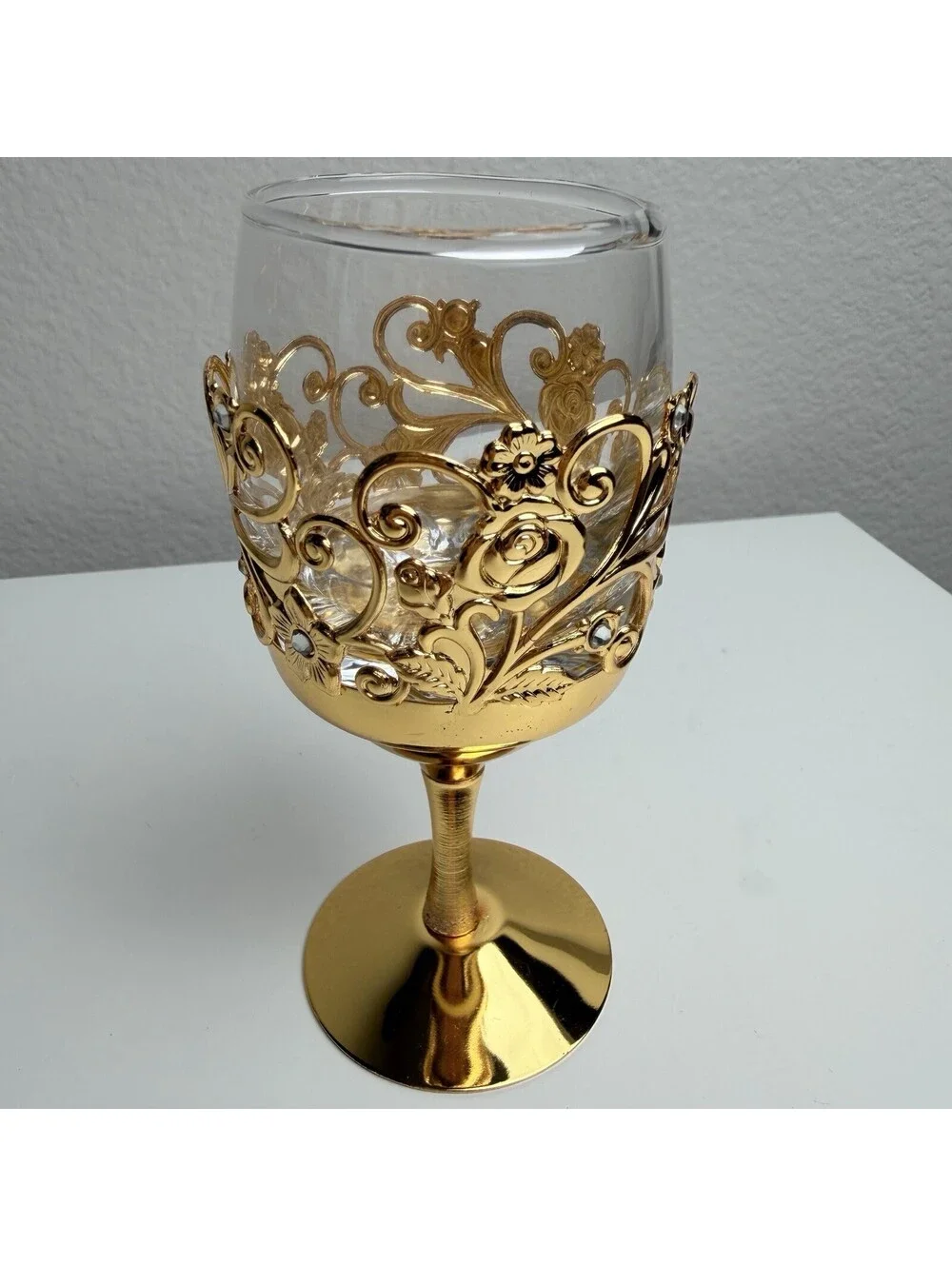 Gold Filigree Rhinestone Wine Goblet Floral Scrollwork Ornate Decorative Glass